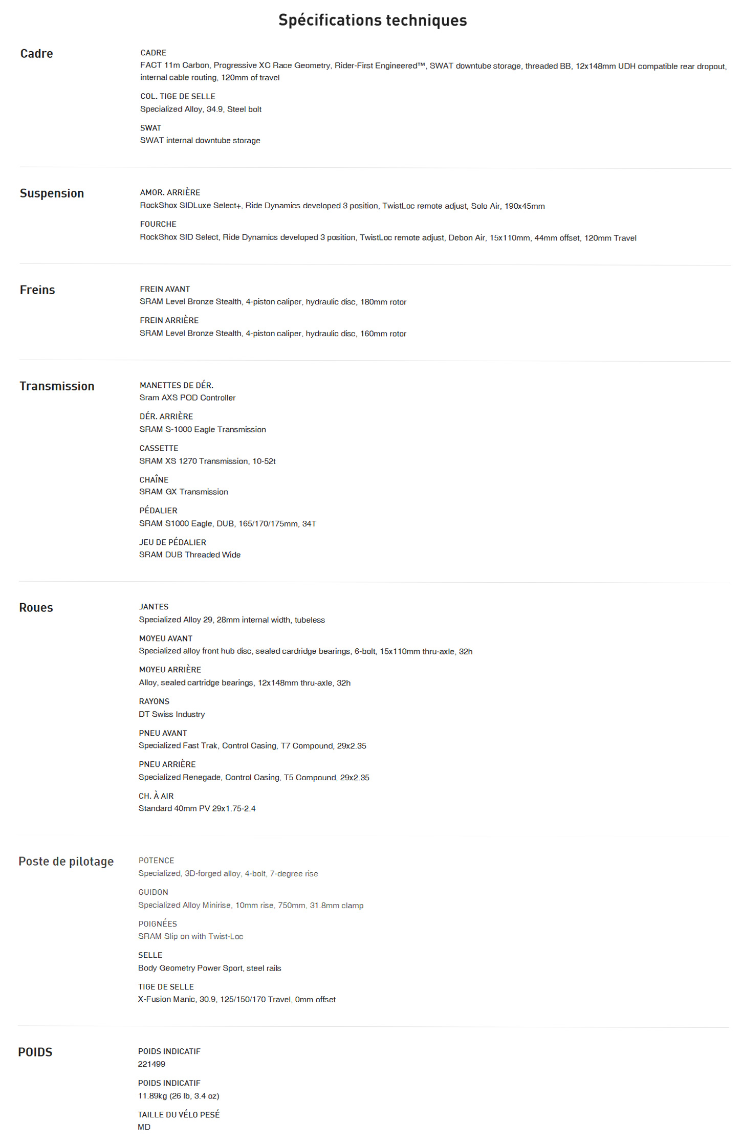 Caracteristique Technique du vélo Epic 8 Comp Année 2025